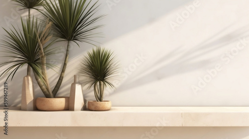 plant in a vase on the stone counter table, display high quality products 