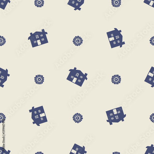 Masculine block print house vector pattern. Seamless sketchy city street organic style for rustic tile.  photo