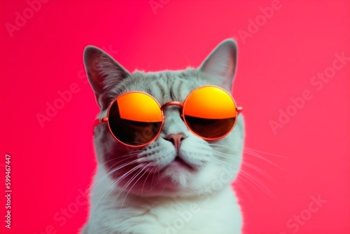 cat portrait fashion pet animal sunglasses colourful funny cute neon. Generative AI.