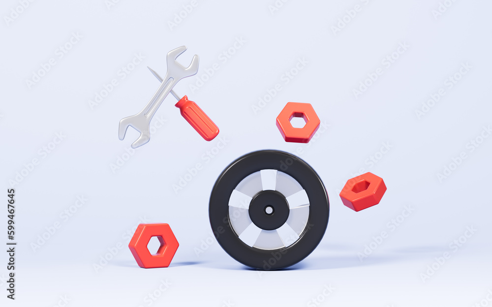 Cartoon repair tools and wheel on the blue background, 3d rendering. Cartoon repair tools and wheel on the blue background, 3d rendering.