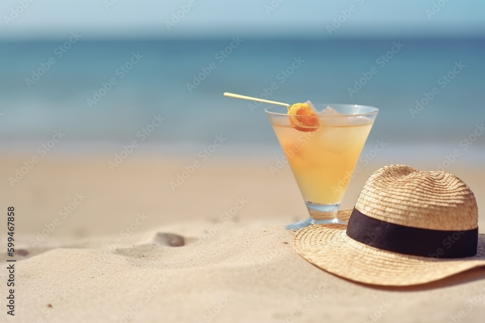 Travel and vacation concept. Cocktail, straw hat and sunglasses placed on beach. Calm ocean or sea in background. Copy space. Generative AI