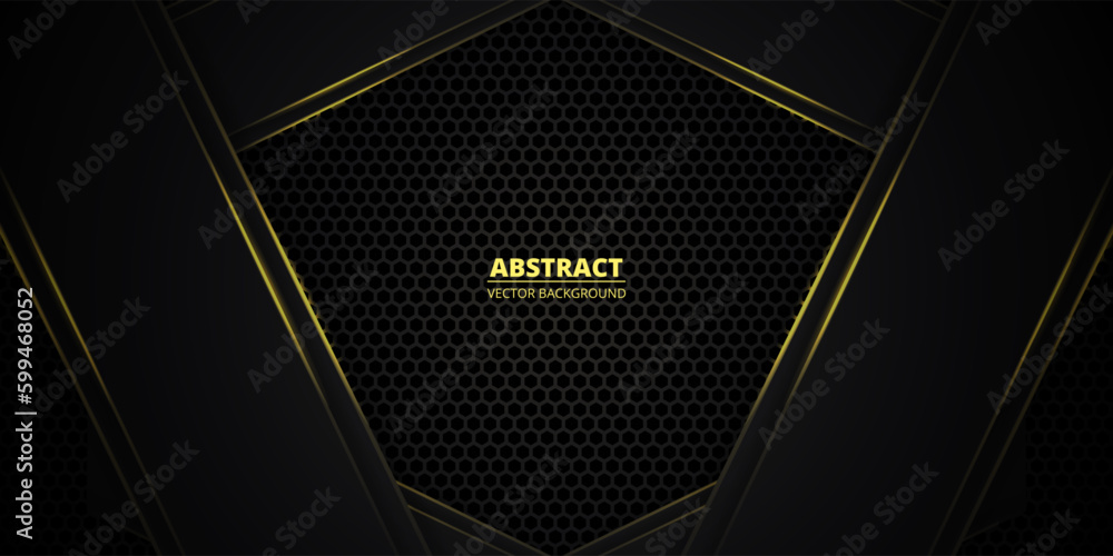 Black and yellow abstract vector background with hexagon carbon fiber. Technology background with honeycomb grid and yellow luminous lines. Futuristic luxury modern backdrop.
