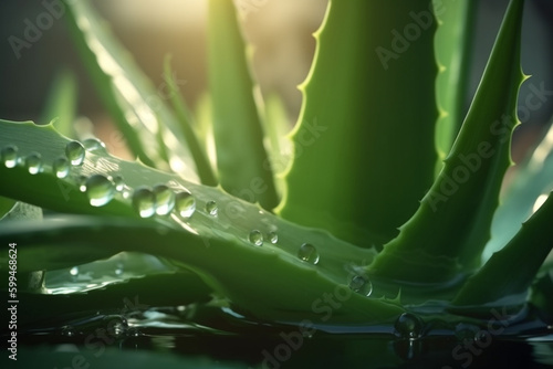 Nature, beauty, and medicine concept. Close-up view of aloe vera leaf with water drops illuminated by sunlight. Generative AI