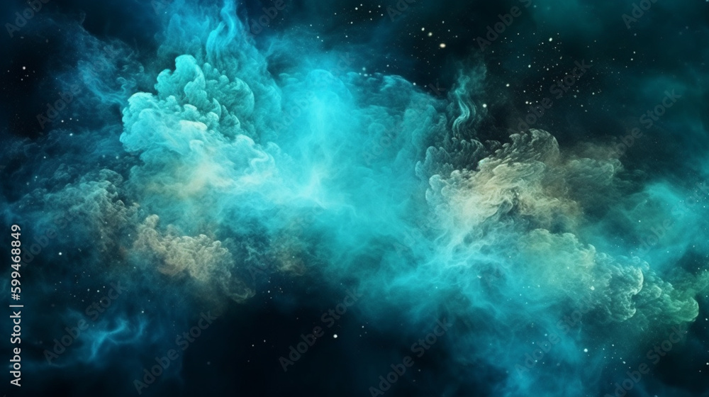 
On a dark background, a mist of shimmering blue dust particles creates a hazy wave effect, resembling ink water splashes. 
