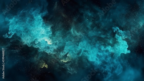  On a dark background, a mist of shimmering blue dust particles creates a hazy wave effect, resembling ink water splashes. 