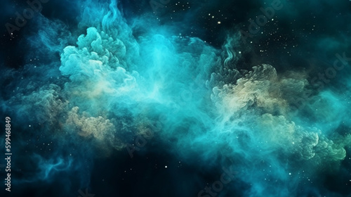  On a dark background  a mist of shimmering blue dust particles creates a hazy wave effect  resembling ink water splashes. 