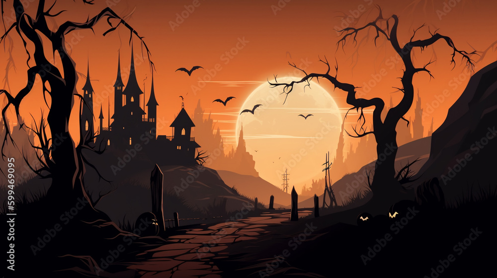 Halloween night background, pumpkins and dark castle. foolmoon. generative ai
