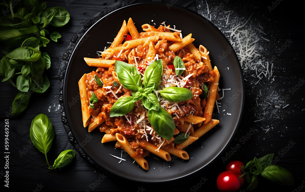 Classic italian pasta penne alla arrabiata with basil and freshly parmesan cheese on dark table. Penne pasta with sauce. Top view - obrazy, fototapety, plakaty 