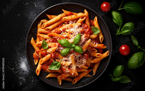 Classic italian pasta penne alla arrabiata with basil and freshly parmesan cheese on dark table. Penne pasta with sauce. Top view photo
