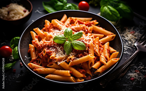 Classic italian pasta penne alla arrabiata with basil and freshly parmesan cheese on dark table. Penne pasta with sauce. Top view