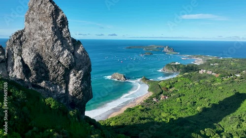 Volcano Rock At Fernando De Noronha Pernambuco Brazil. Seascape Coastal Background. Blue Landscape Beach Party Beauty. Blue Seaside Beach Party Watercolor Coast. Blue Beauty Sunny Day Travelling.