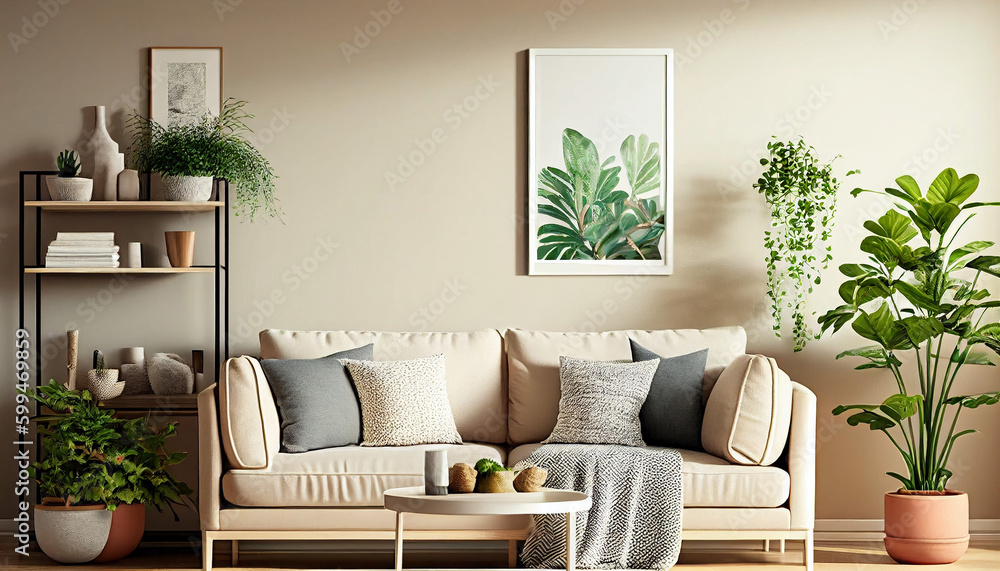 Domestic and cozy interior of living room with beige sofa, plants, shelf, coffee table, boucle rug, mock up poster frame, side table, plant and elegant decoration Beige wall. Home decor. Generative AI