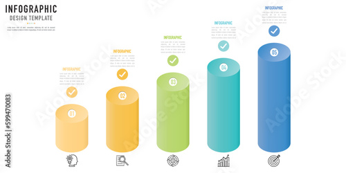 Circular isometric infographic template or element with 5 step, process, option, colorful 3D bar, circle, column, button, icons, label, correct symbol, stage, paper origami for sale slide, flowchart