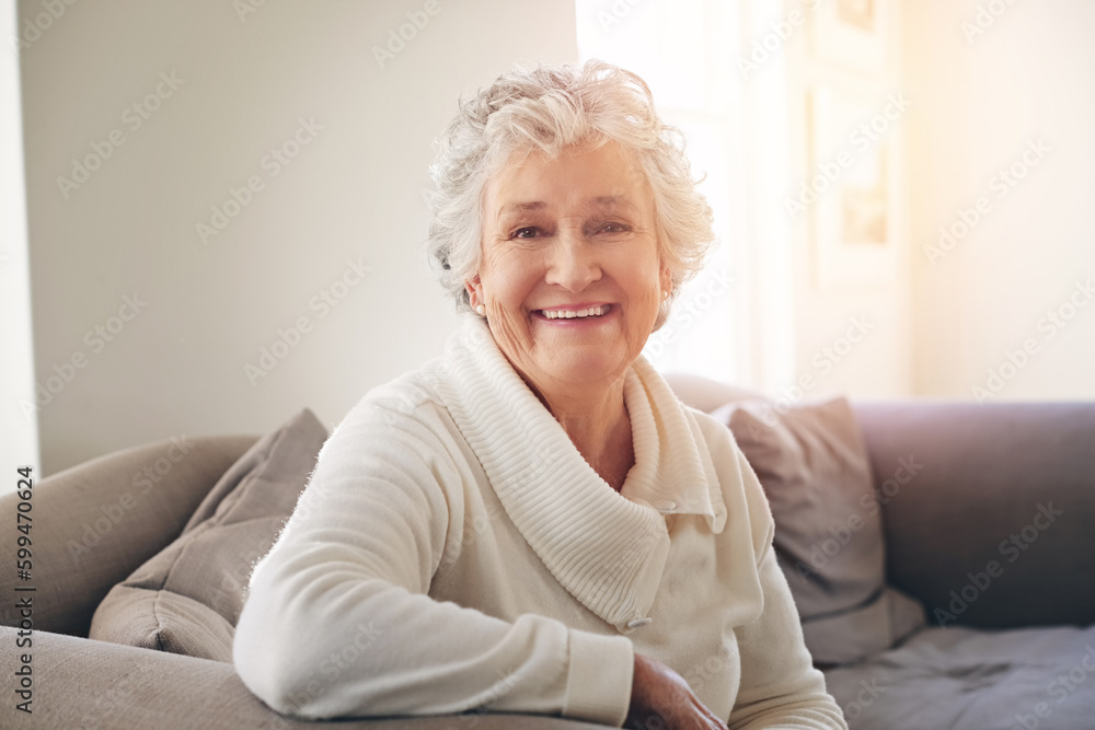 Relax, happy and portrait of old woman on sofa for free time, retirement and weekend. Smile, happiness and mindset with senior person in living room at home for elderly, positive and carefree Relax, happy and portrait of old woman on sofa for free time, retirement and weekend. Smile, happiness and mindset with senior person in living room at home for elderly, positive and carefree