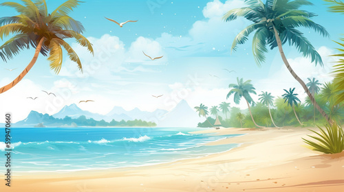 Beautiful tropical beach sea ocean with coconut palm trees around white cloud blue sky for vacation travel background © DLC Studio
