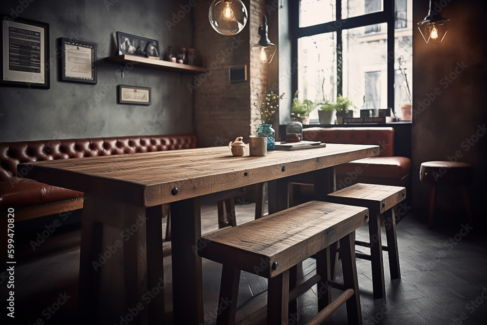 Empty wood table in restaurant room blurred background concept image for product Generative AI
