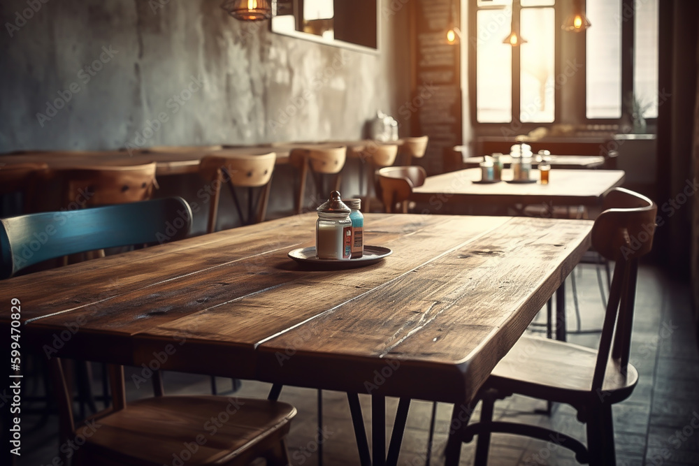 Empty wood table in restaurant room blurred background concept image for product Generative AI Empty wood table in restaurant room blurred background concept image for product Generative AI