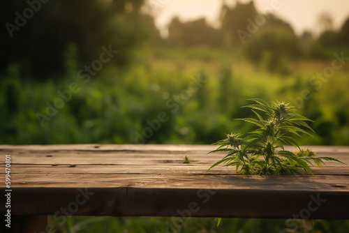 Empty wood table in front of marijuana plantation blurred bokeh background concept image for product Generative AI 