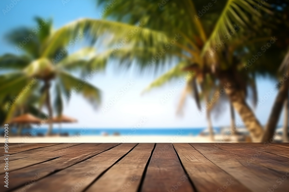 Empty wood table in front of blue sky on summer sea with palm leaf blurred bokeh background concept image for product Generative AI	