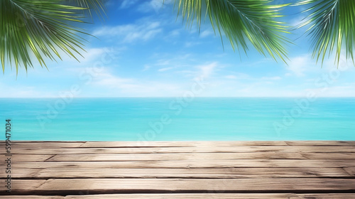 Empty wood table in front of blue sky on summer sea with palm leaf blurred bokeh background concept image for product Generative AI 