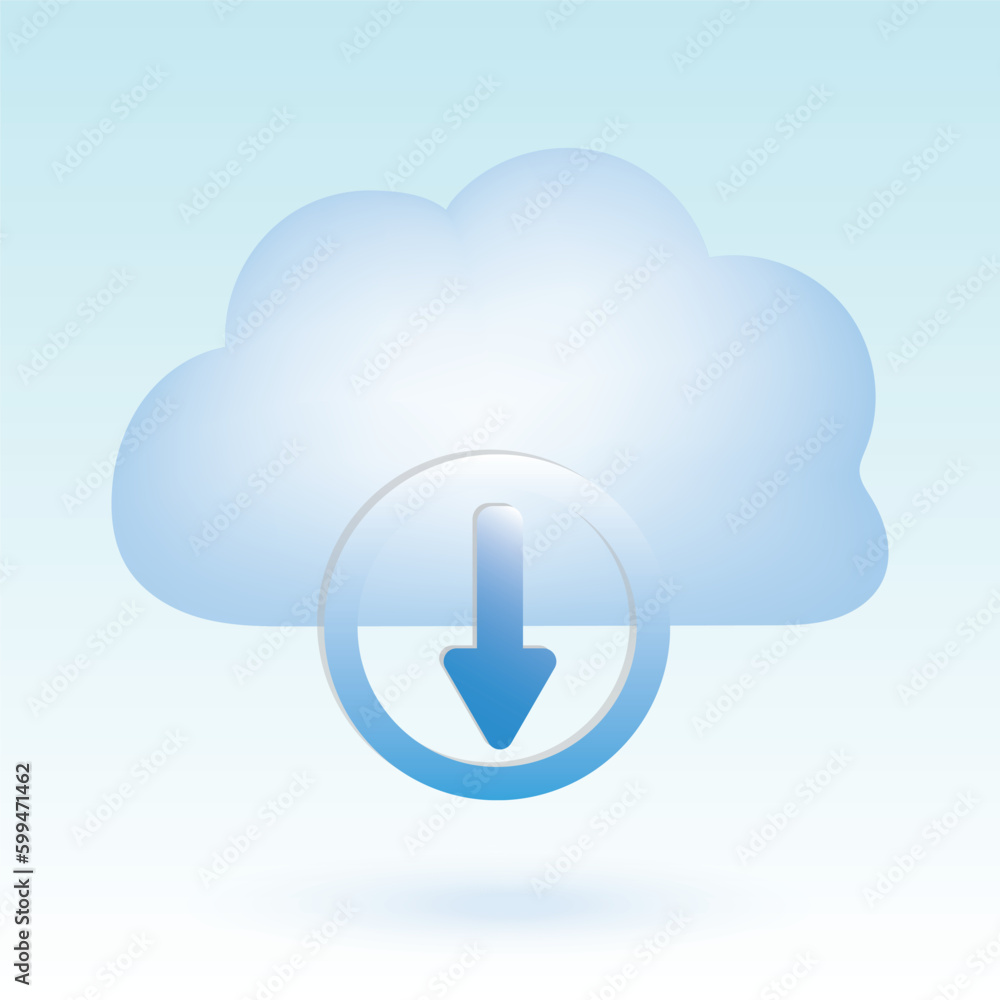 Cloud with down arrow inside circle. Download from cloud. Cute pastel cartoon of cloud computing, cloud network and technology symbol. 3D vector illustration isolated on blue background. Cloud with down arrow inside circle. Download from cloud. Cute pastel cartoon of cloud computing, cloud network and technology symbol. 3D vector illustration isolated on blue background.