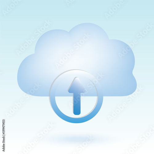 Cloud with up arrow inside circle. Upload to cloud. Cute pastel cartoon of cloud computing, cloud network and technology symbol. 3D vector illustration isolated on blue background.