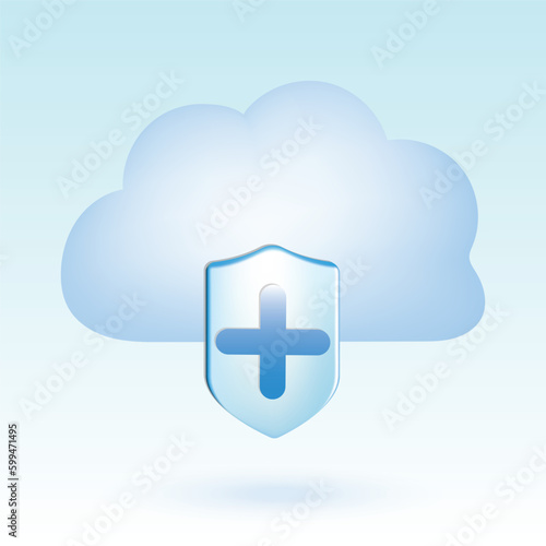 Cloud with plus mark and shield. Cloud protection. Cute pastel cartoon of cloud computing, cloud network and technology symbol. 3D vector illustration isolated on blue background.