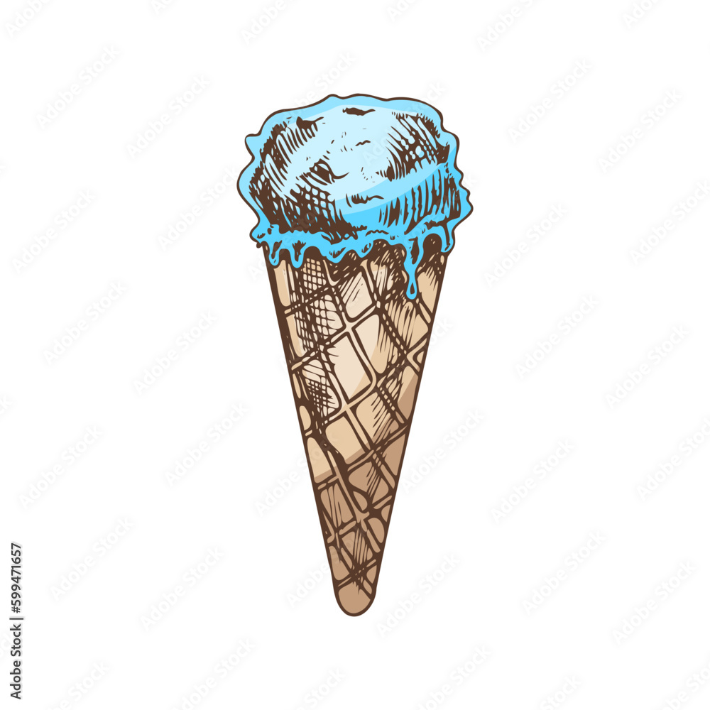 A hand-drawn colored sketch of a waffle cone ice cream. Vintage illustration. Element for the design of labels, packaging and postcards.