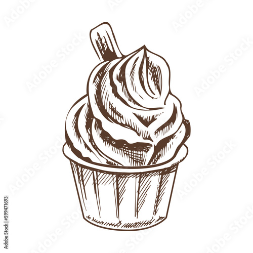 A hand-drawn sketch of frozen yogurt or soft ice cream in a cup. Vintage illustration. Element for the design of labels, packaging and postcards..