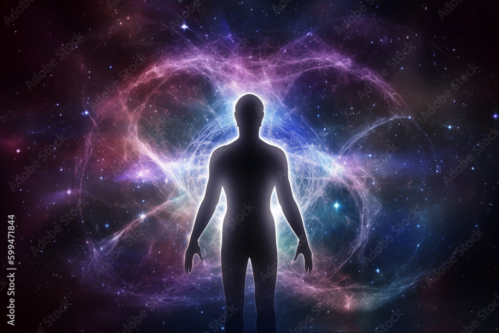 State of mind, meditation, esoteric and spiritual life. Man dark silhouette in space background. Afterlife and connection with other worlds. Generative AI State of mind, meditation, esoteric and spiritual life. Man dark silhouette in space background. Afterlife and connection with other worlds. Generative AI