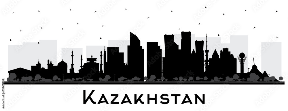 Kazakhstan City Skyline Silhouette with Black Buildings Isolated on White. Concept with Modern Architecture. Kazakhstan Cityscape with Landmarks.