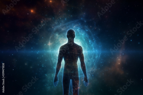 State of mind, meditation, esoteric and spiritual life. Man dark silhouette in space background. Afterlife and connection with other worlds. Generative AI