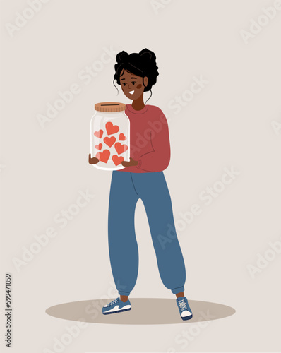 Donation and charity concept. African woman holding in hands glass jar with red hearts. Give and share your love. Support and hope for homeless and poor people. Vector illustration in cartoon style.