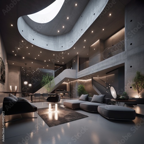 Futuristic minimalist living room with extremely tall ceilings and recessed lighting 