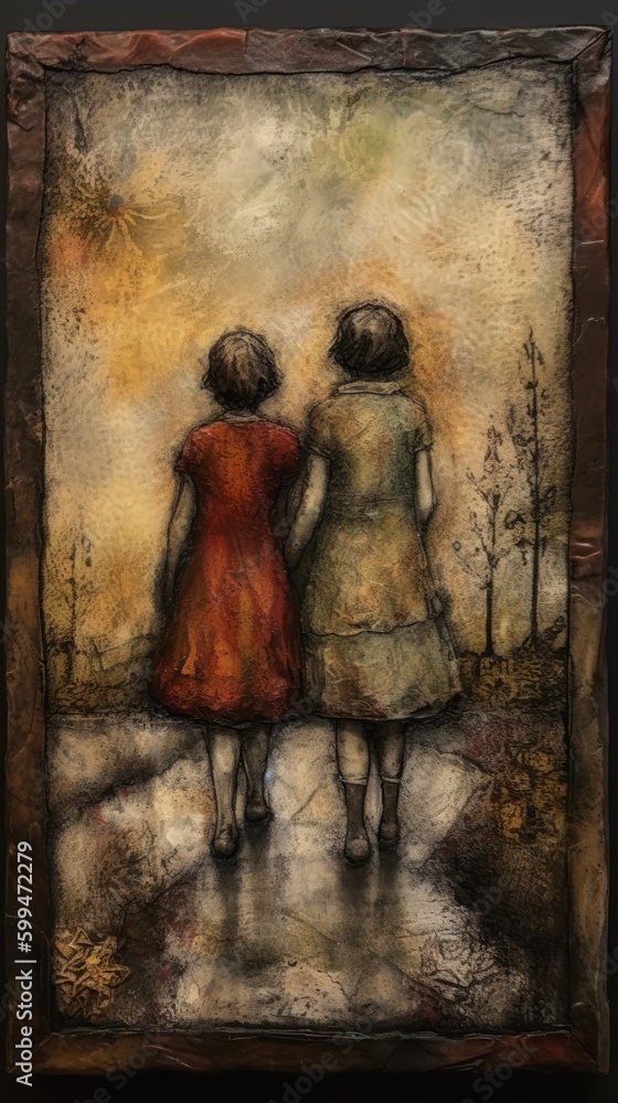 encaustic friendship journey love two girls walking rain rust fire dirt ...