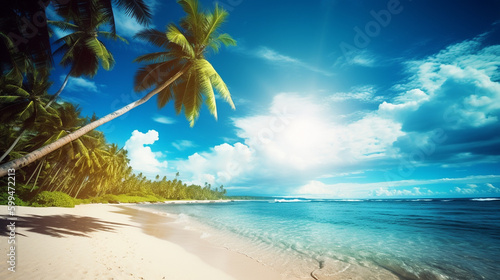 Beautiful tropical beach sea ocean with coconut palm trees around white cloud blue sky for vacation travel background