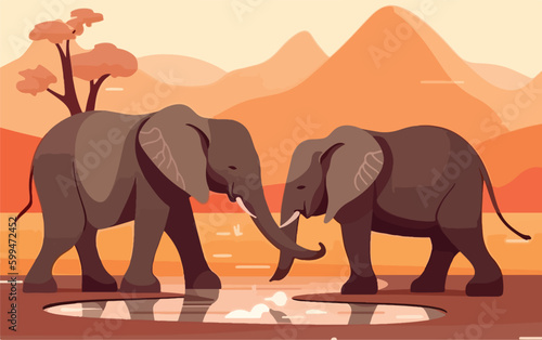 A mother elephant and her calf drinking at a waterhole. Animals raising young concept. Generative AI