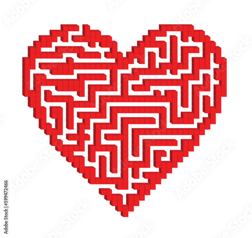 Vector illustrated composition of red color heart cubes shape a maze labyrinth game