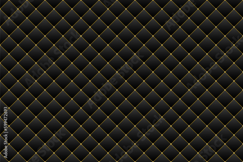 Dark luxury quilted square pattern with golden beads and border. Vip black upholstery leather sofa texture.
