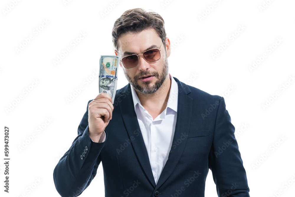 Business man with money banknotes. Male entrepreneur with dollar bills. Lucky boss, insurance agent, manager. Freelancer with cash. Mock up, for white banner with copy space. Business man with money banknotes. Male entrepreneur with dollar bills. Lucky boss, insurance agent, manager. Freelancer with cash. Mock up, for white banner with copy space.