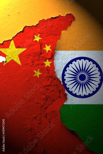 Photography country flag painted on wall. china flag and india flag.