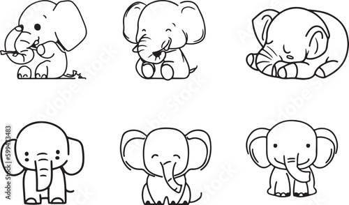 Set of Cute Elephant Vector Line Art