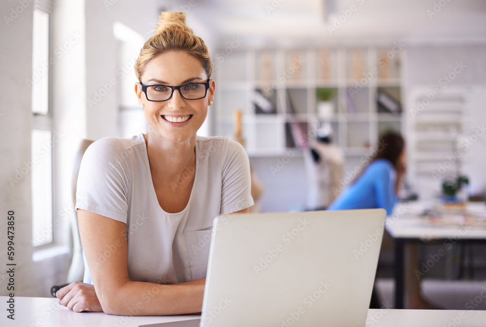 Smile, laptop and fashion designer with portrait of woman for creative, planning and retail. Boutique, small business and internet with female employee in workshop for store, industry and tailor Smile, laptop and fashion designer with portrait of woman for creative, planning and retail. Boutique, small business and internet with female employee in workshop for store, industry and tailor