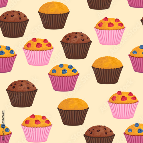 Muffins seamless pattern. Vector background with traditional sweet pastries. Cartoon illustration of cupcake with raspberry  blueberry and chocolate.