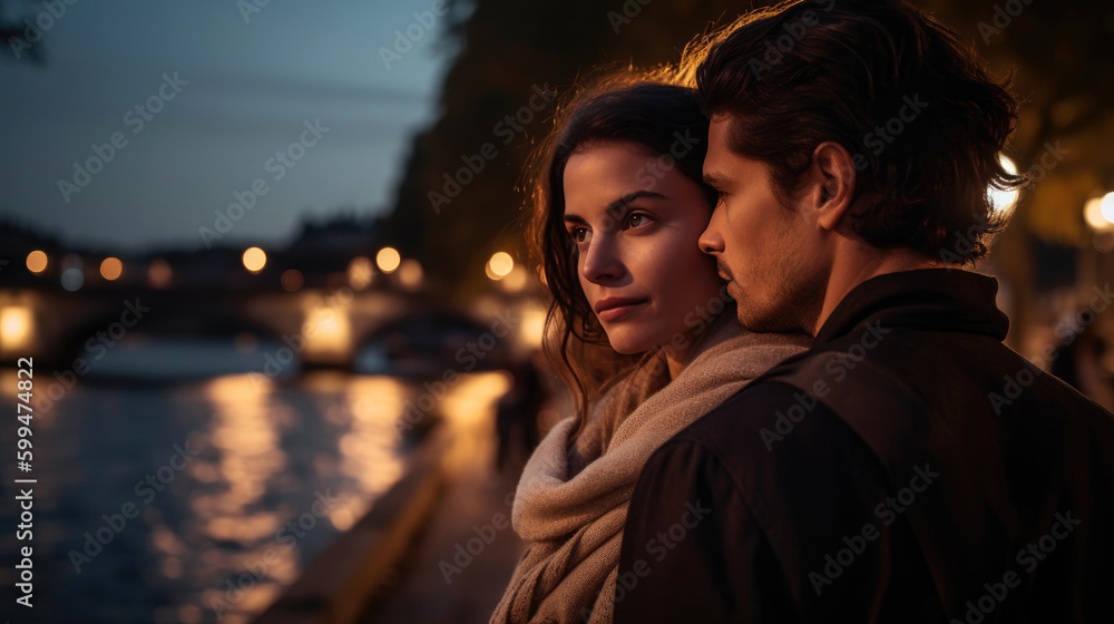 The magic of Paris is in the air. Young couple enjoys a leisurely walk along the Seine River. Generative AI The magic of Paris is in the air. Young couple enjoys a leisurely walk along the Seine River. Generative AI