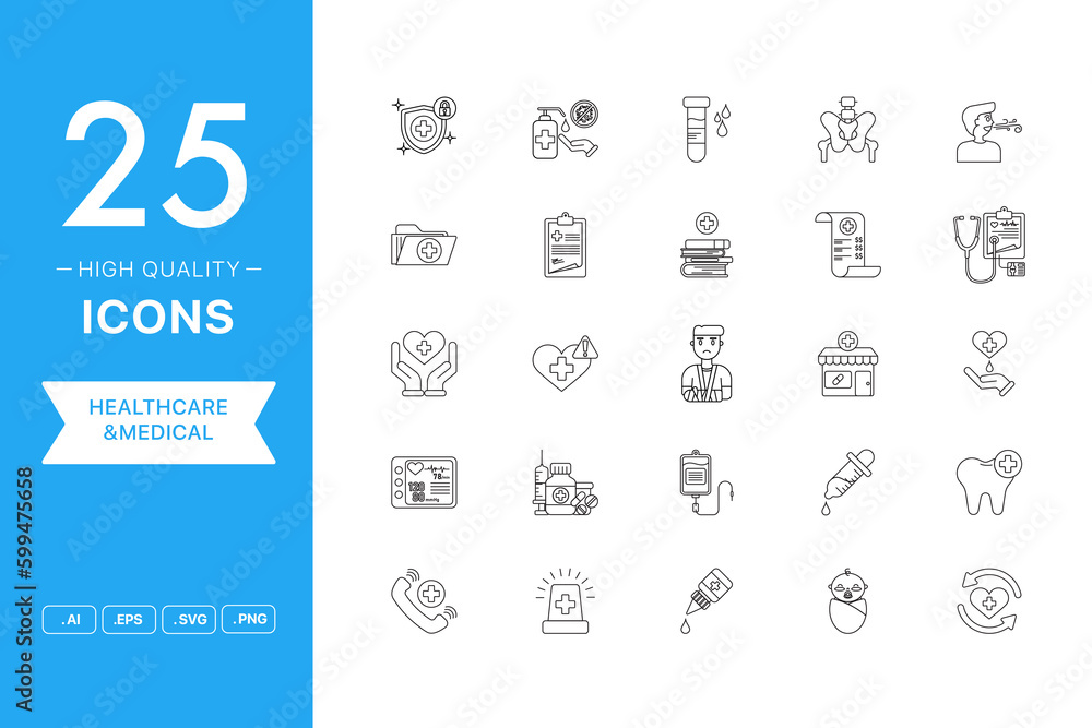 Vector set of Healthcare and Medical icons. The collection comprises 25 vector icons for mobile applications and websites.