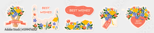 Best wishes sticker pack. Cute stickers for the birthday or holiday. Vector illustration of a bouquet of flowers, flowers, envelop, heart.