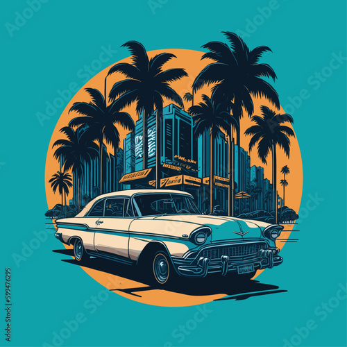 Retro poster, vector illustration, retro machine on the background of landscape from the city