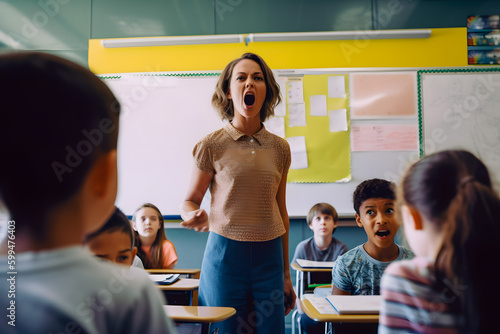 Fototapeta Educational concept theme, portrait of the angry teacher woman yells at students emotionally expressing dissatisfaction about the performance of the group class team
