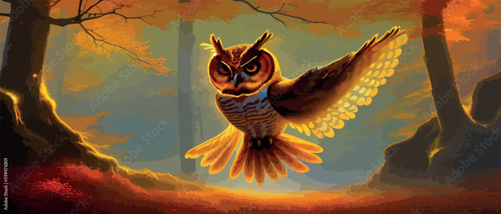 Owl. Realistic bird on dark moon forest background. Dark night ...